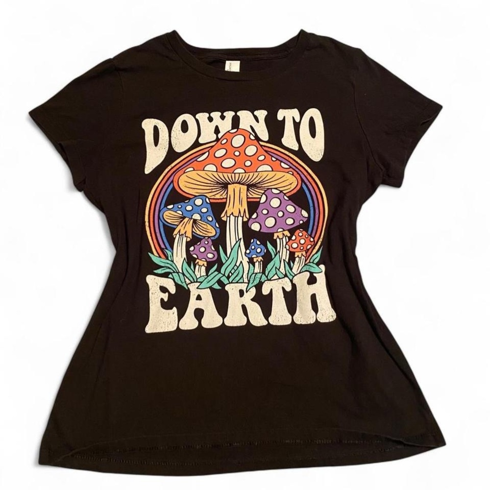 District Black Tee with Colorful Mushroom Graphic